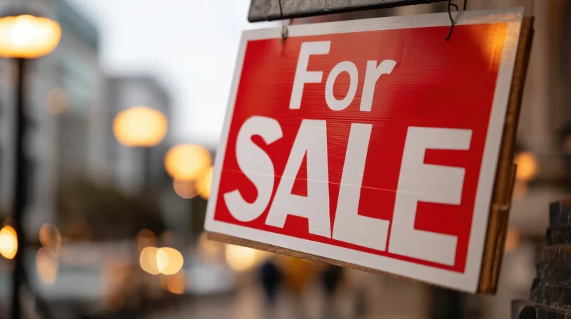 Red for sale sign hanging outdoors on a city street at evening with blurred lights in background