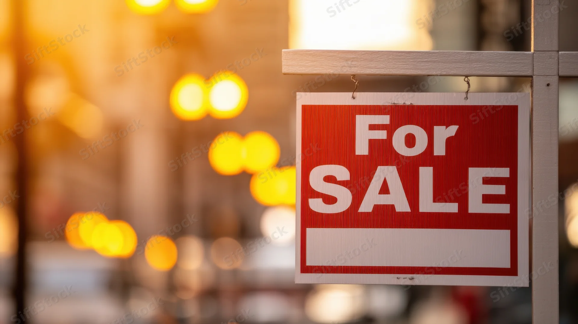 Red for sale sign hanging on wooden post against blurred city lights at evening