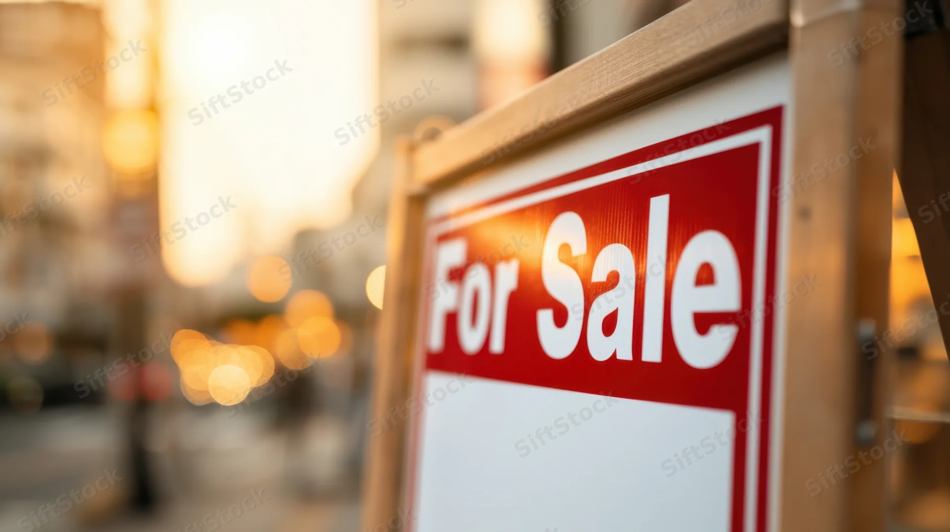For sale sign on wooden frame in urban street at evening with blurred city lights background