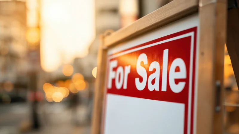 For sale sign on wooden frame in urban street at evening with blurred city lights background