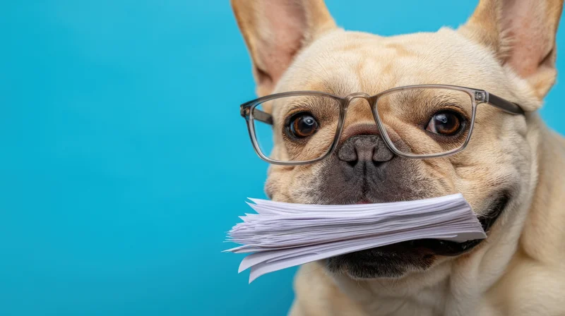 French bulldog wearing glasses holding papers in mouth against blue background