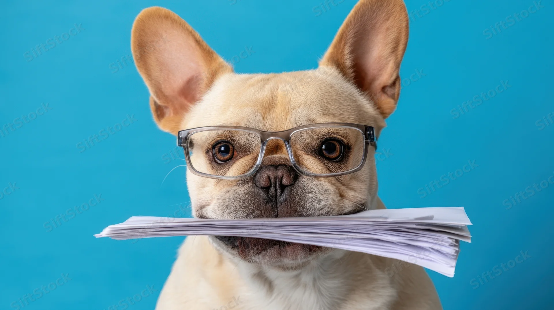 Frenchbulldog wearing glasses holding stack of papers in mouth against blue background