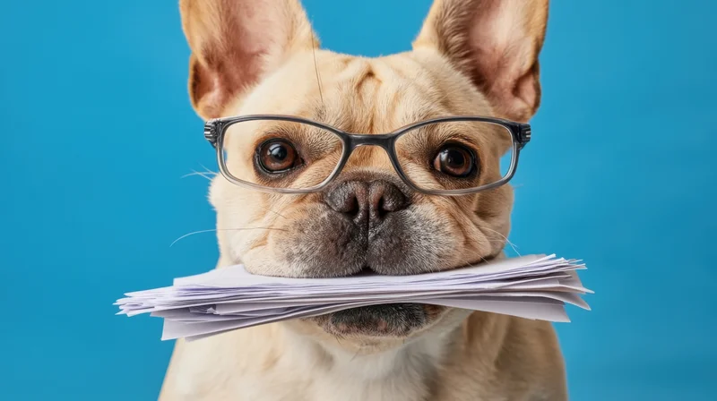 Frenchbulldog wearing glasses holding stack of papers in mouth against blue background