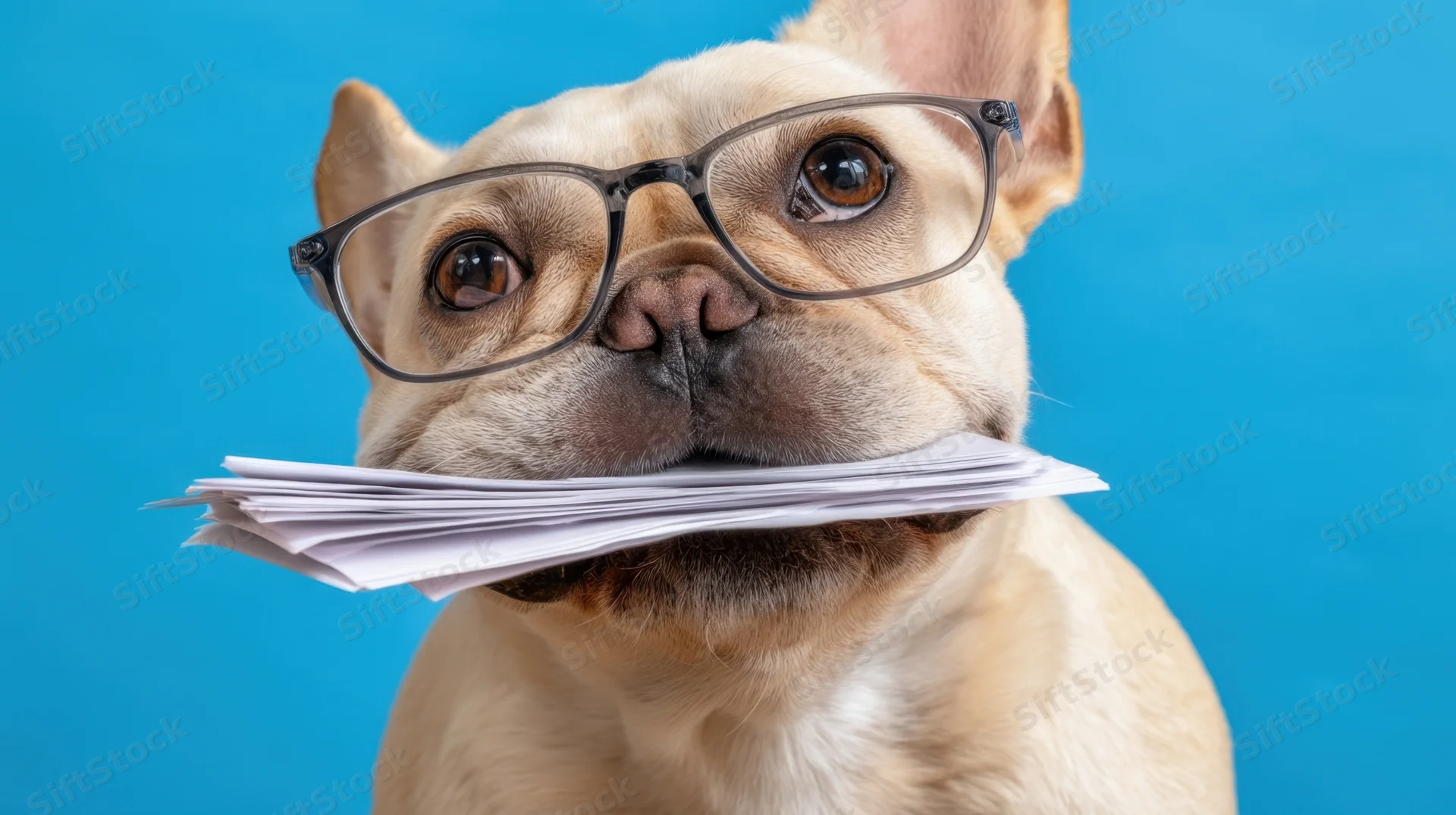 Frenchbulldog wearing glasses holding stack of papers in mouth against blue background