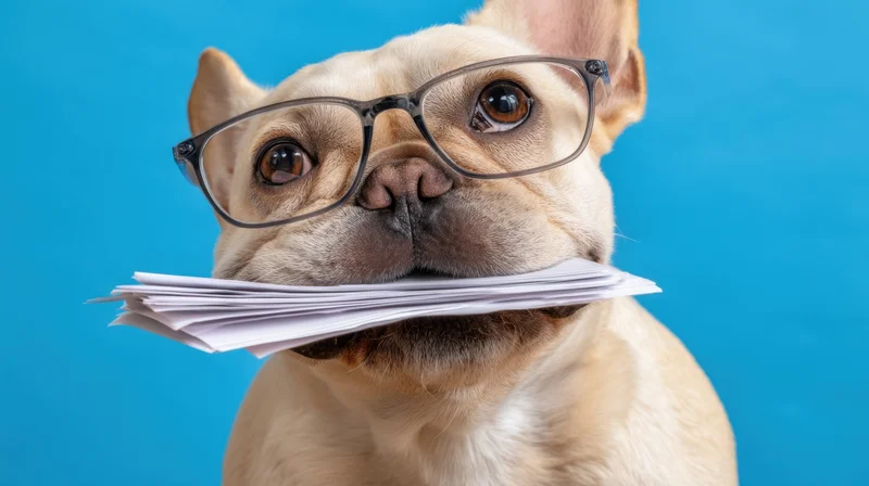 Frenchbulldog wearing glasses holding stack of papers in mouth against blue background