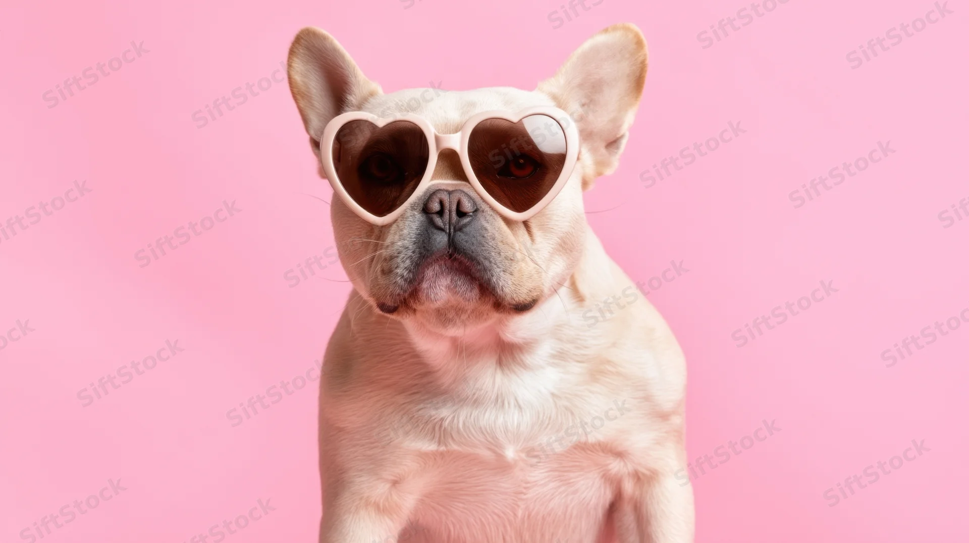 Frenchbulldog wearing heart-shaped sunglasses against pink background
