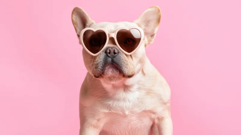 Frenchbulldog wearing heart-shaped sunglasses against pink background