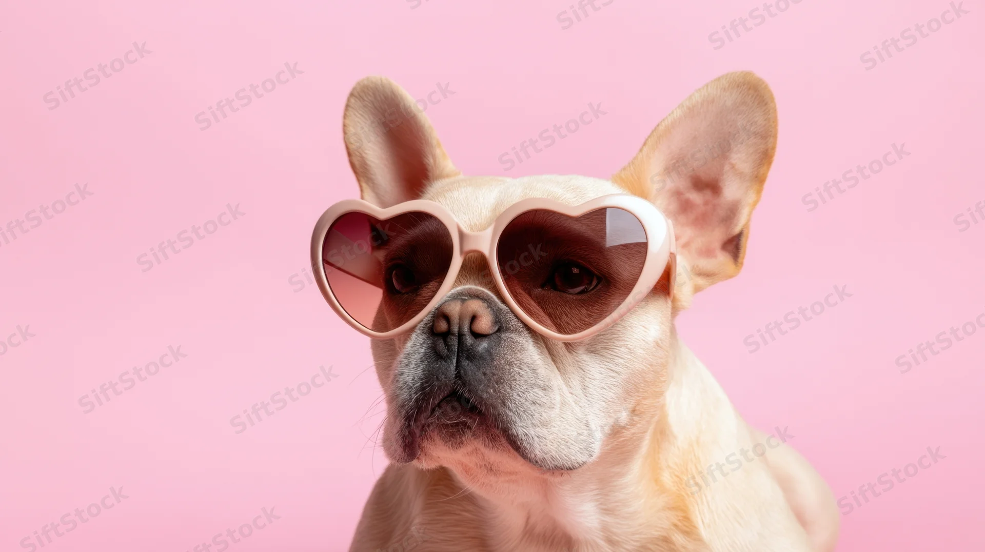 Frenchbulldog wearing heart-shaped sunglasses against pink background