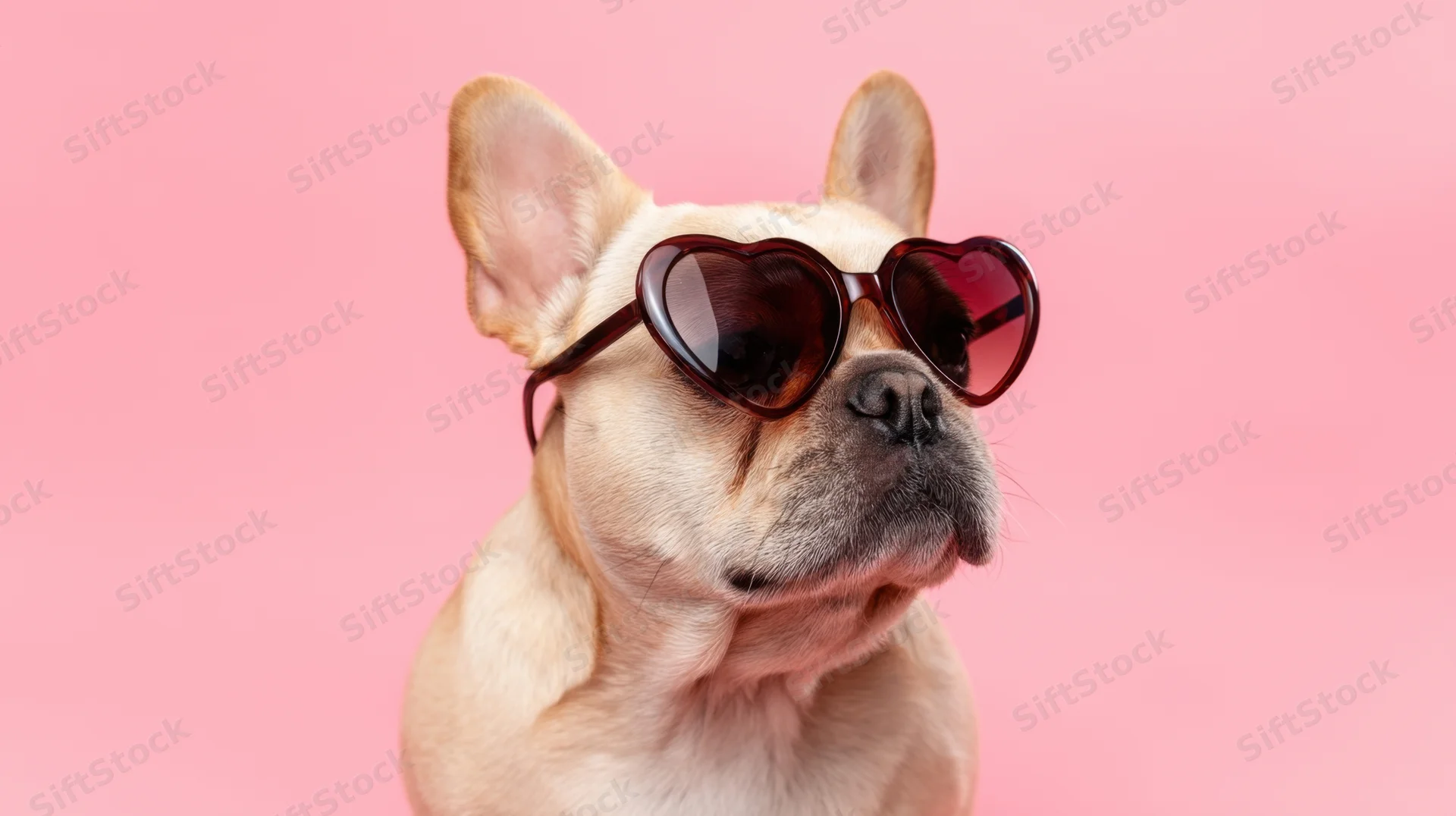 Frenchbulldog wearing heart-shaped sunglasses against pink background