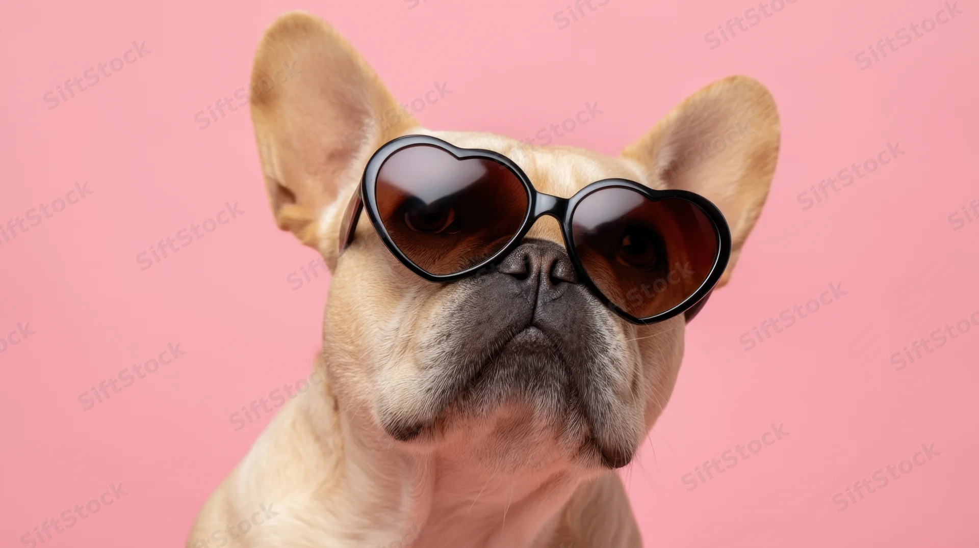 Frenchbulldog wearing heart-shaped sunglasses against pink background