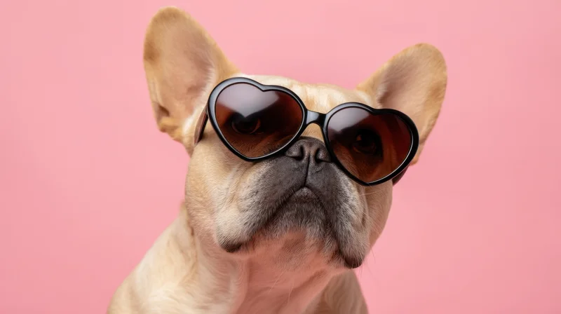 Frenchbulldog wearing heart-shaped sunglasses against pink background