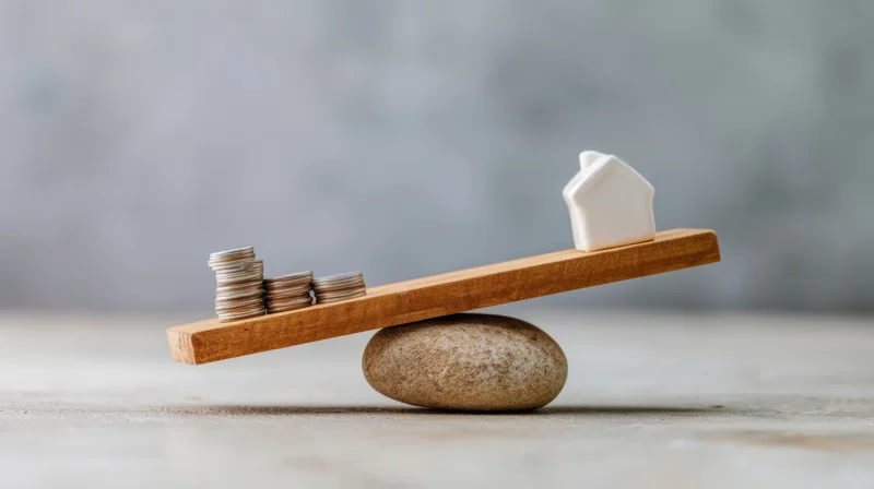 Wooden scale balancing stacks of coins against a white house model on a stone fulcrum