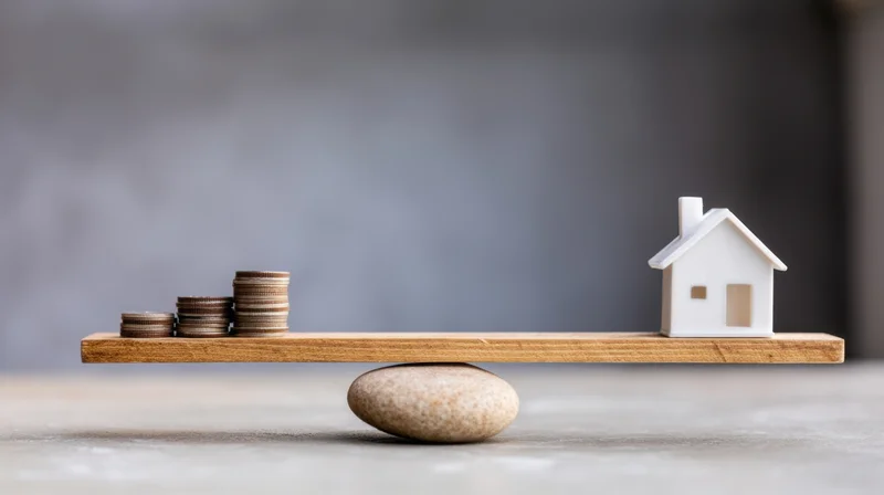 Miniature house and stacked coins balanced on a wooden plank over a stone