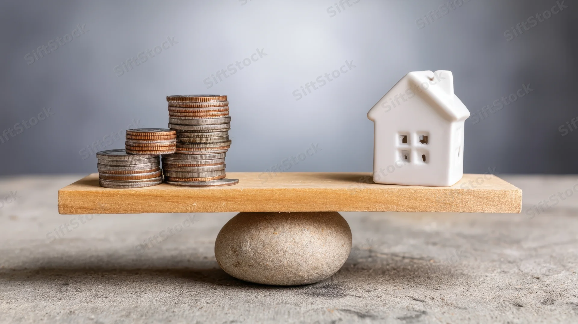 Stacks of coins and a white house model balanced on a wooden plank over a stone base