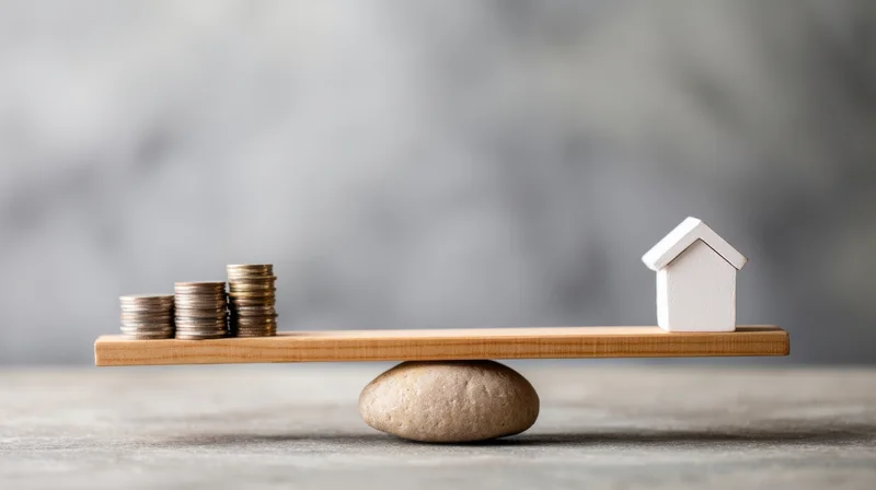Wooden scale balancing stacks of coins and a miniature white house on a stone base