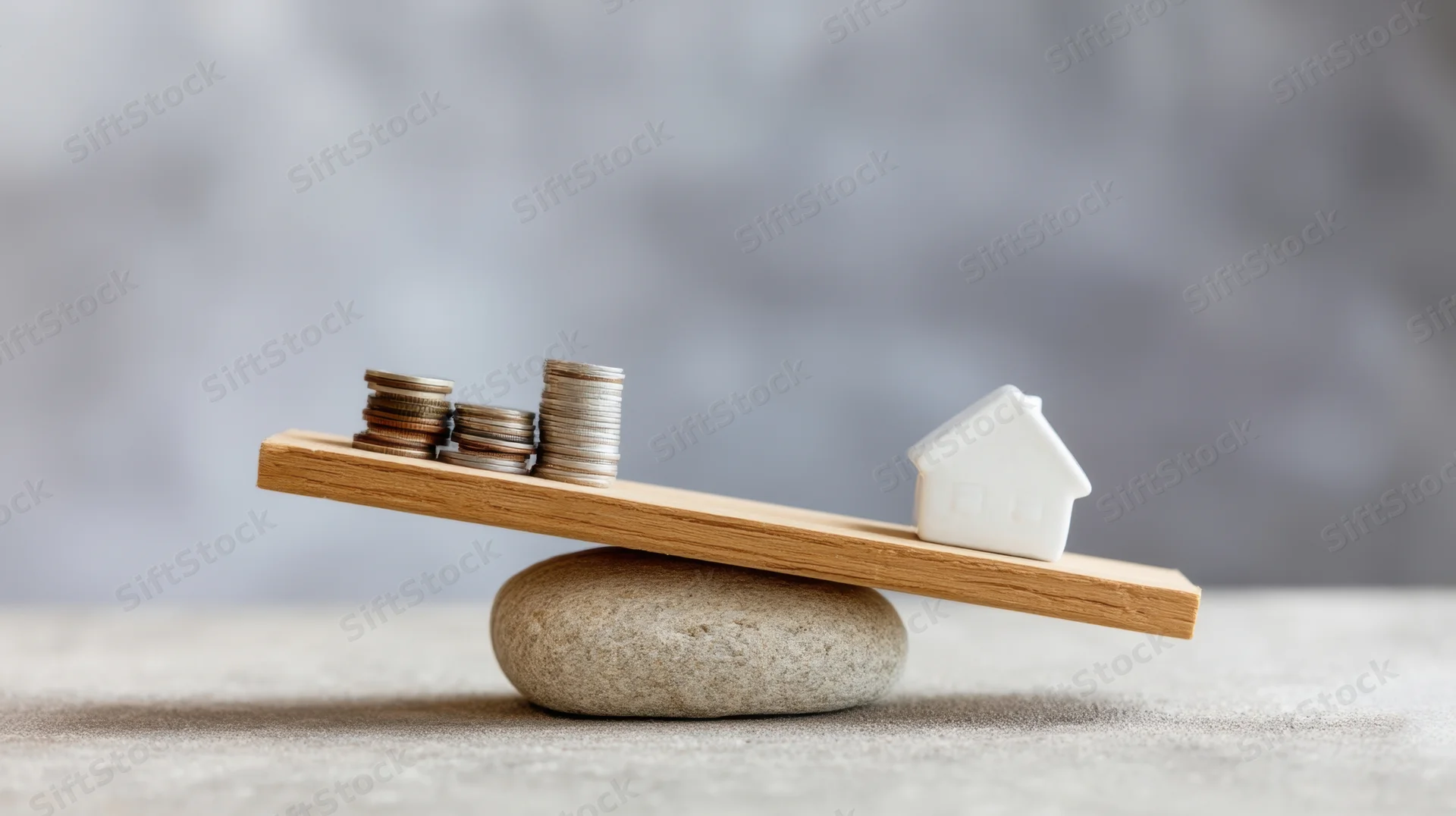 Wooden scale balancing stacks of coins and a white house model on a stone base