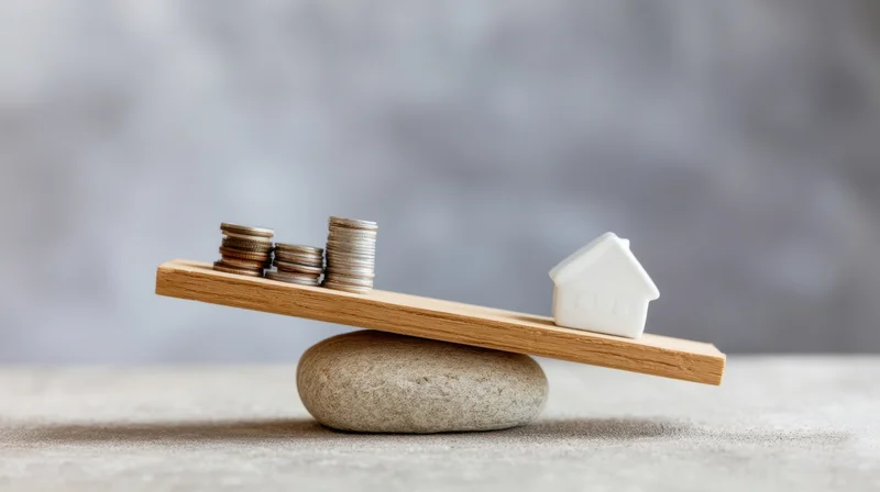 Wooden scale balancing stacks of coins and a white house model on a stone base