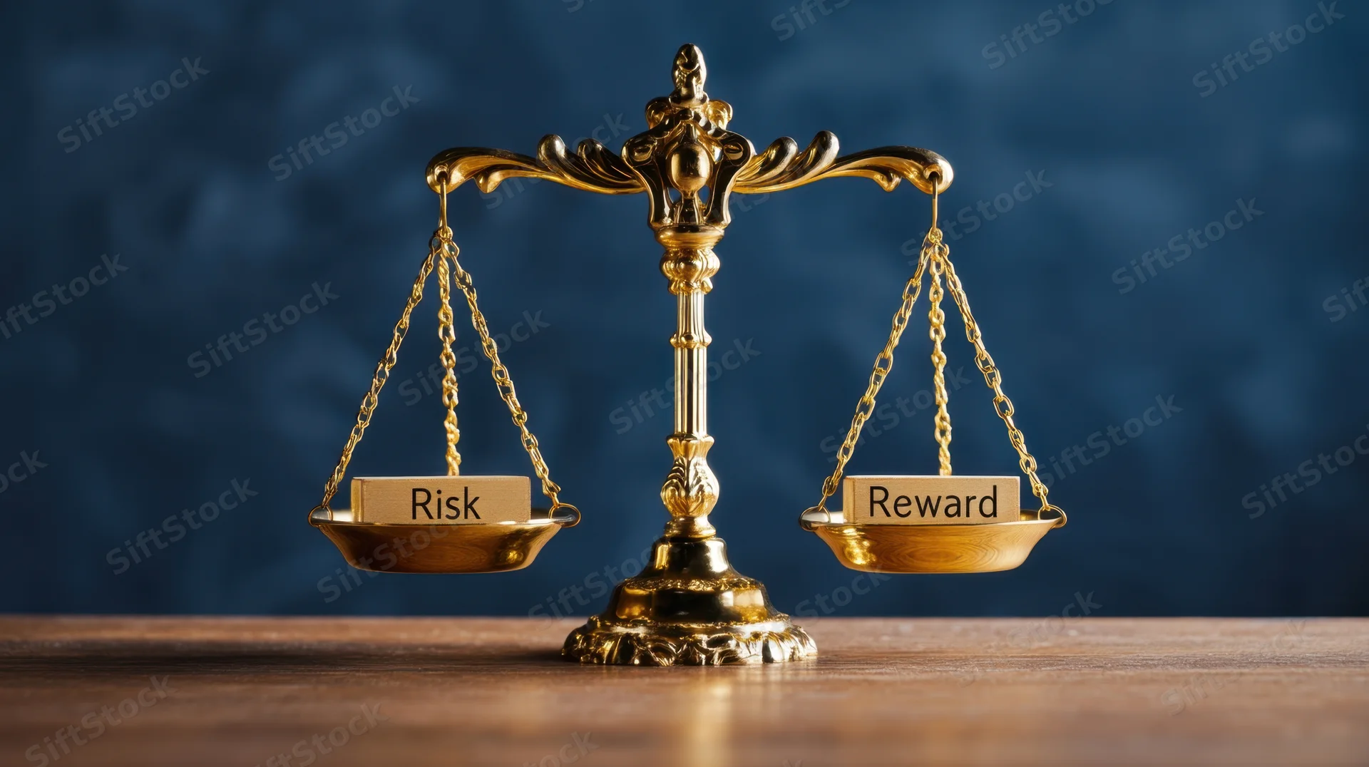 Golden scale balancing risk and reward on a wooden table against a blue background