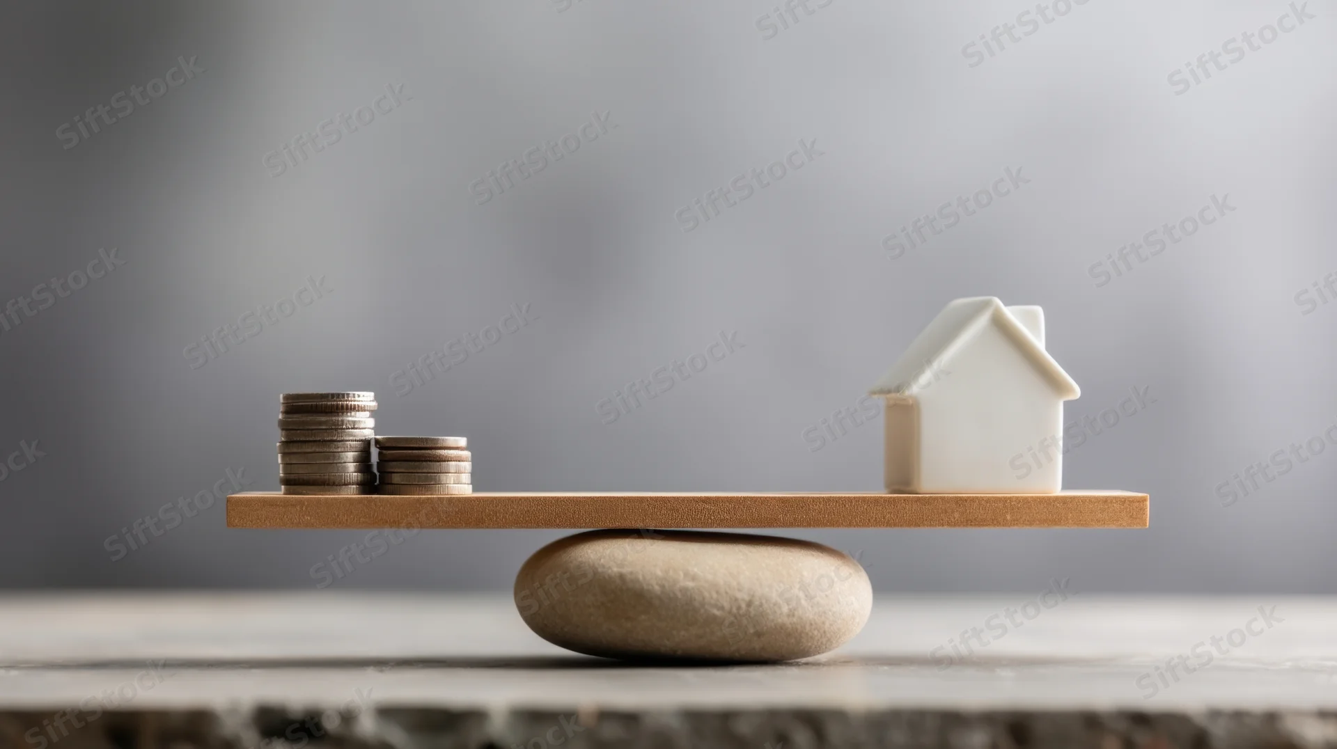Miniature house and stacks of coins balanced on a wooden plank over a stone fulcrum