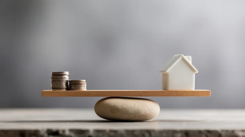 Miniature house and stacks of coins balanced on a wooden plank over a stone fulcrum