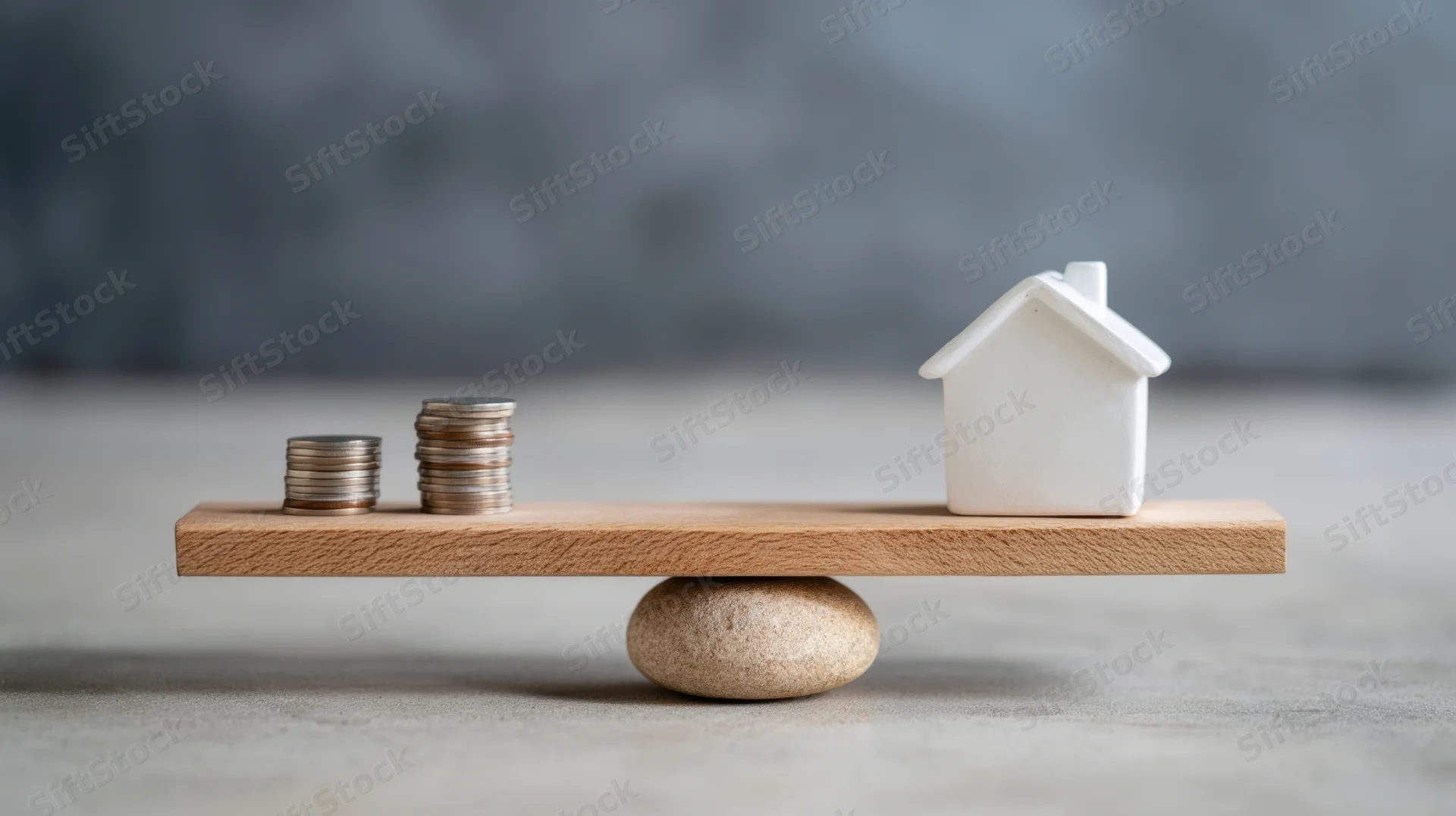 Miniature white house and stacks of coins balanced on a wooden plank over a stone fulcrum