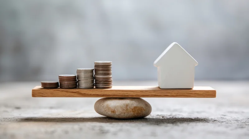 Stacks of coins and a white house model balanced on a wooden plank over a stone base