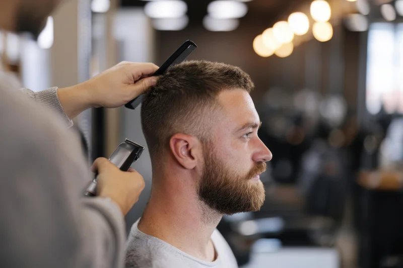 Barber trimming a man's hair with clippers and comb in a modern barbershop
