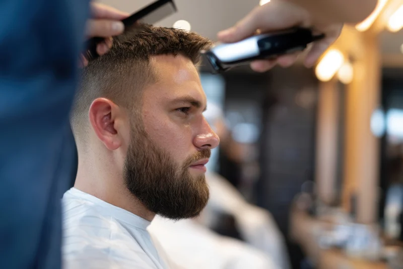 Man receiving haircut with electric shaver and comb in salon