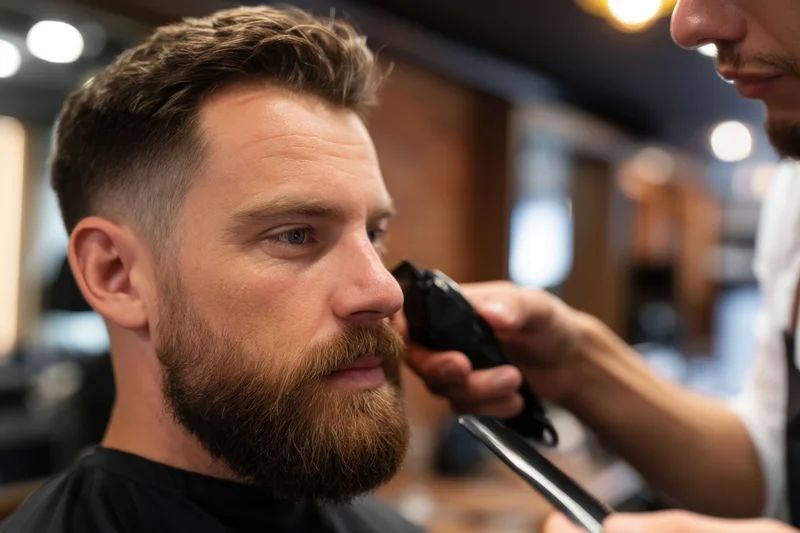 Barber trimming a man's beard with electric clippers in a salon