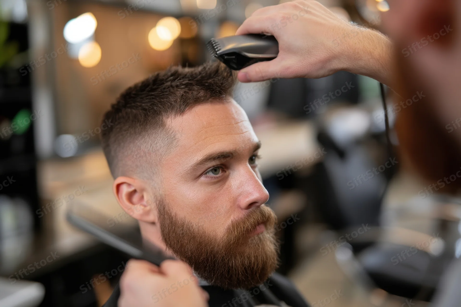 Barber trimming a man's hair and beard in a salon