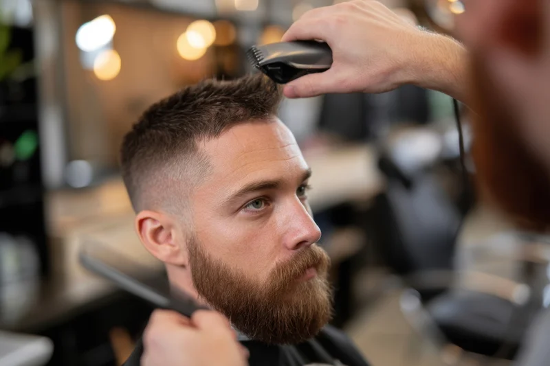 Barber trimming a man's hair and beard in a salon