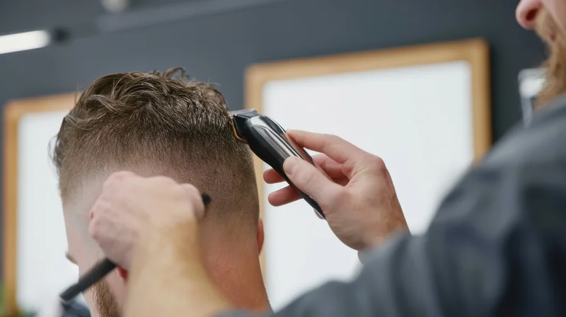 Barber using electric clippers to trim a man's hair in a salon
