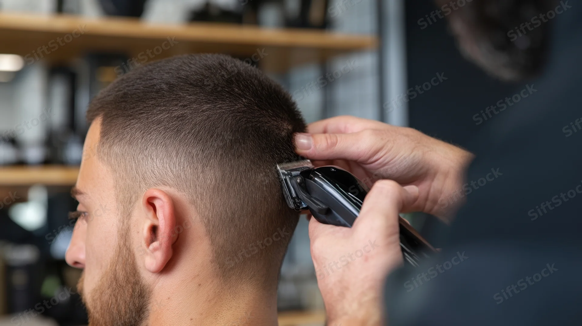 Barber trimming a man's hair with electric clippers in a salon