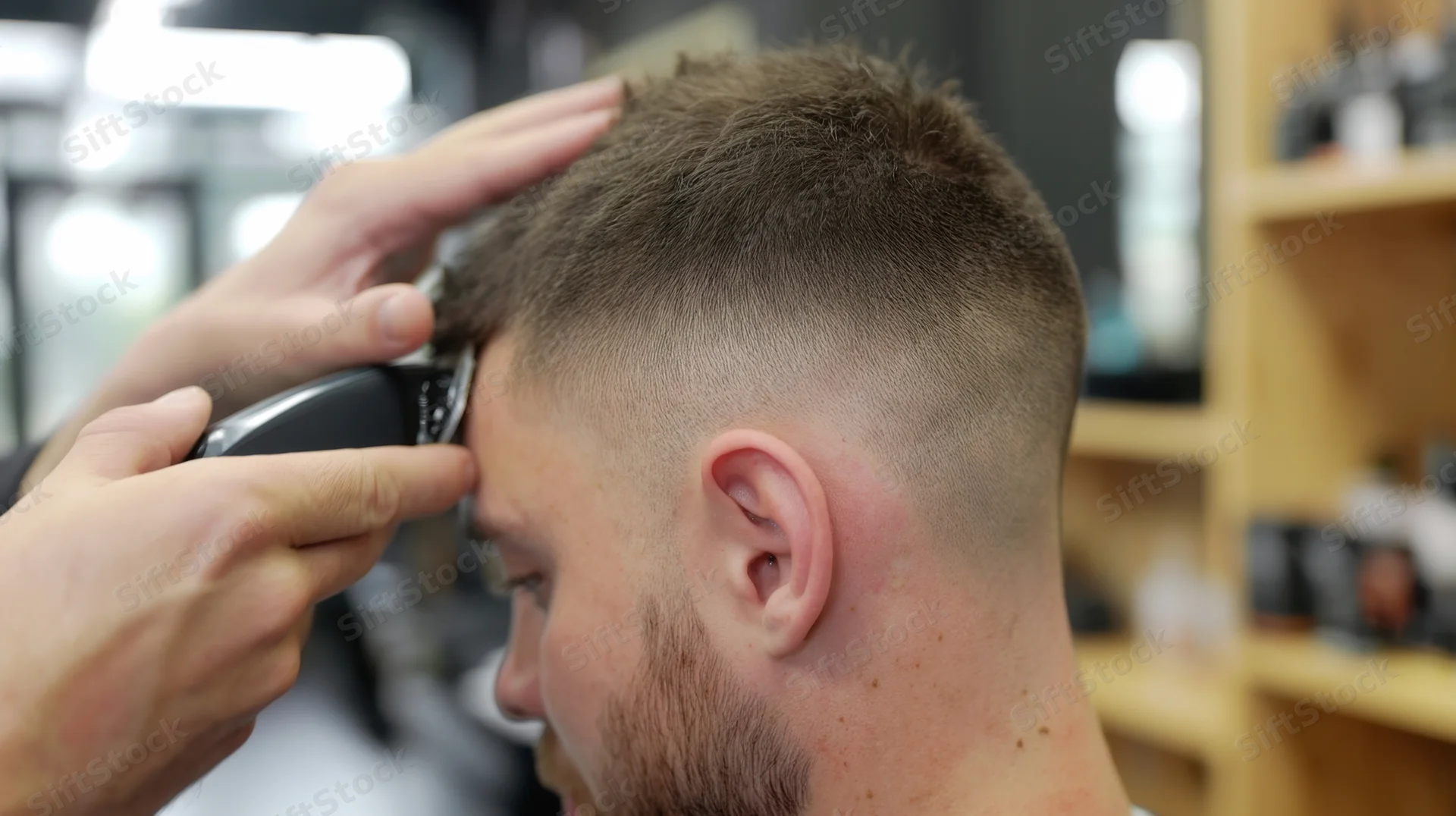 Barber trimming man's hair with electric clipper in salon