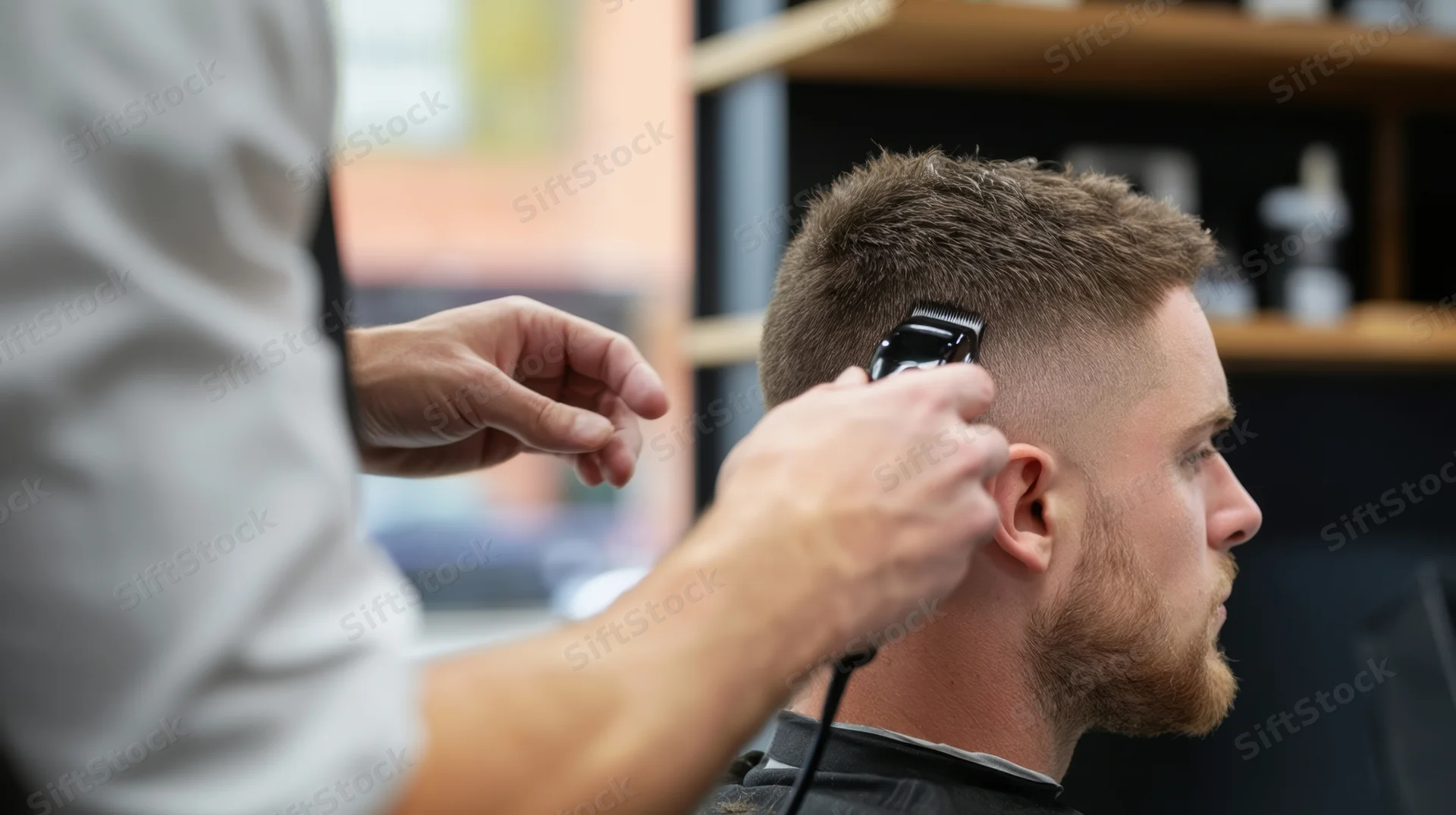 Barber trimming a man's hair with electric clippers in a salon