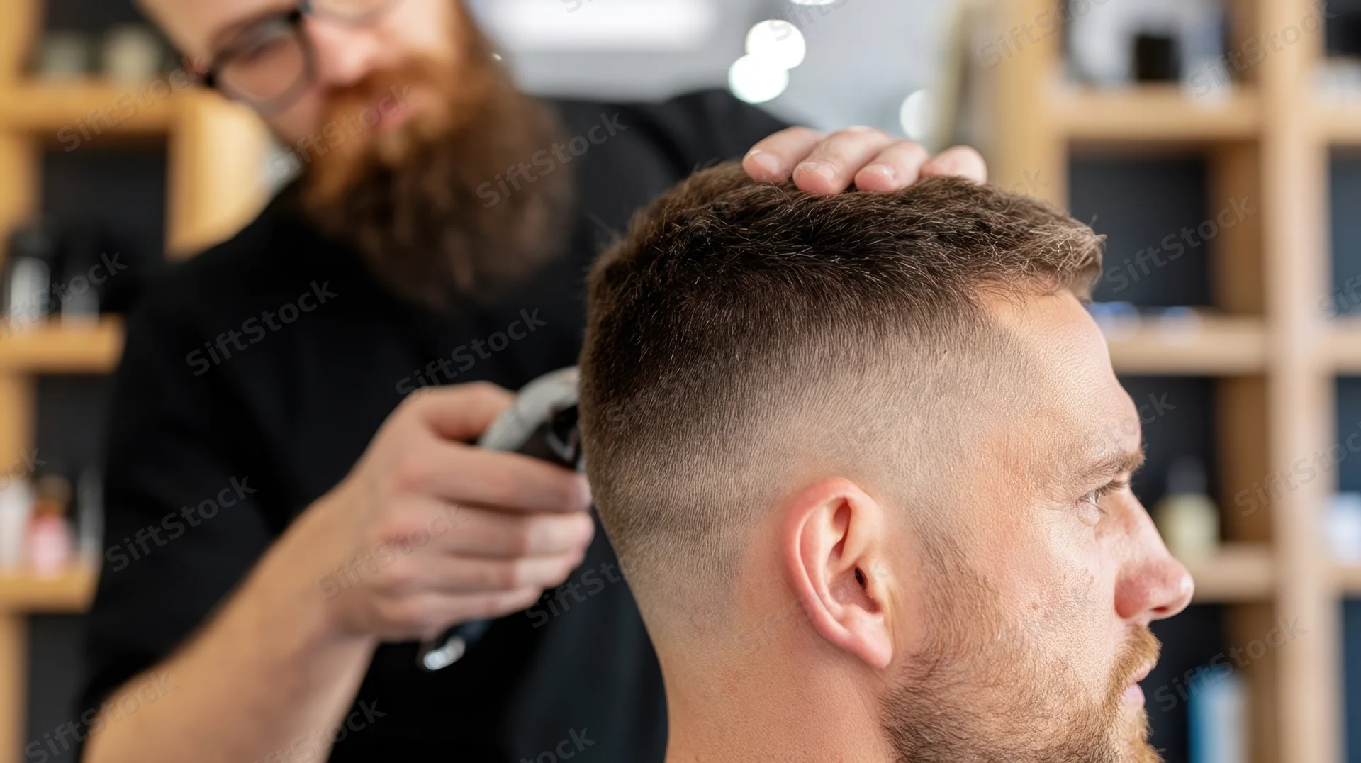 Barber trimming a man's hair with electric clippers in a salon