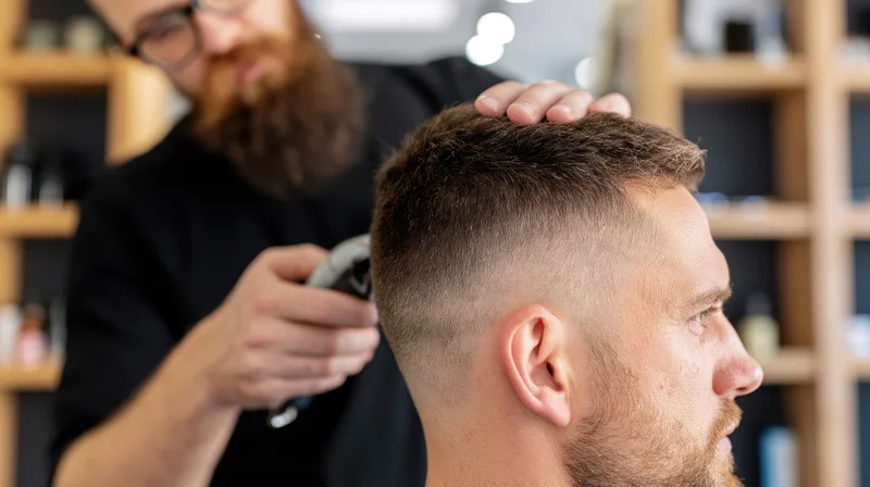 Barber trimming a man's hair with electric clippers in a salon