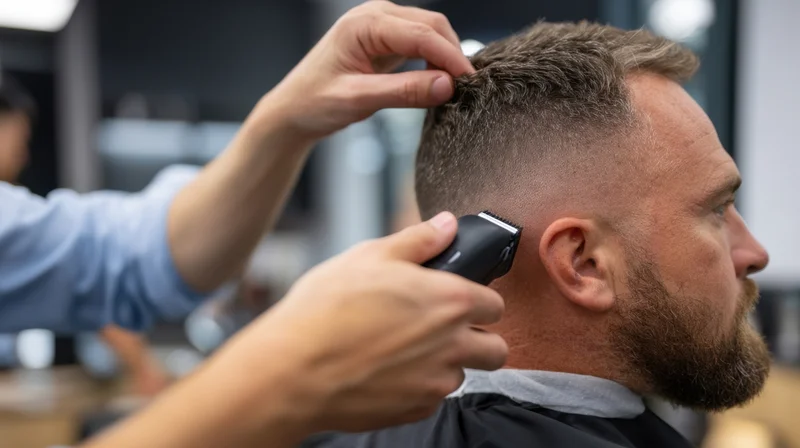Barber trimming man's hair with electric clippers in salon