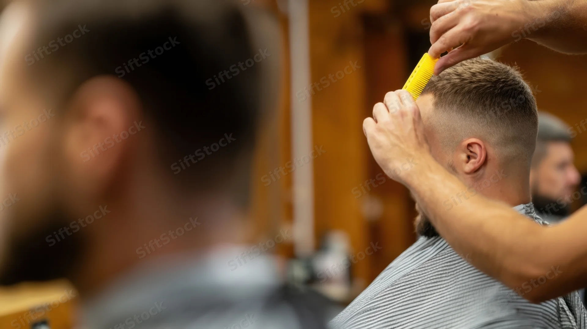 Barber trimming a man's hair with a yellow comb in a barbershop