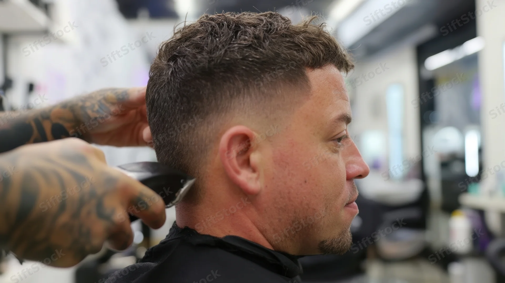 Man receiving haircut with electric clippers in barbershop