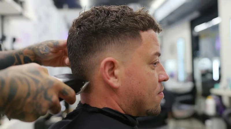 Man receiving haircut with electric clippers in barbershop
