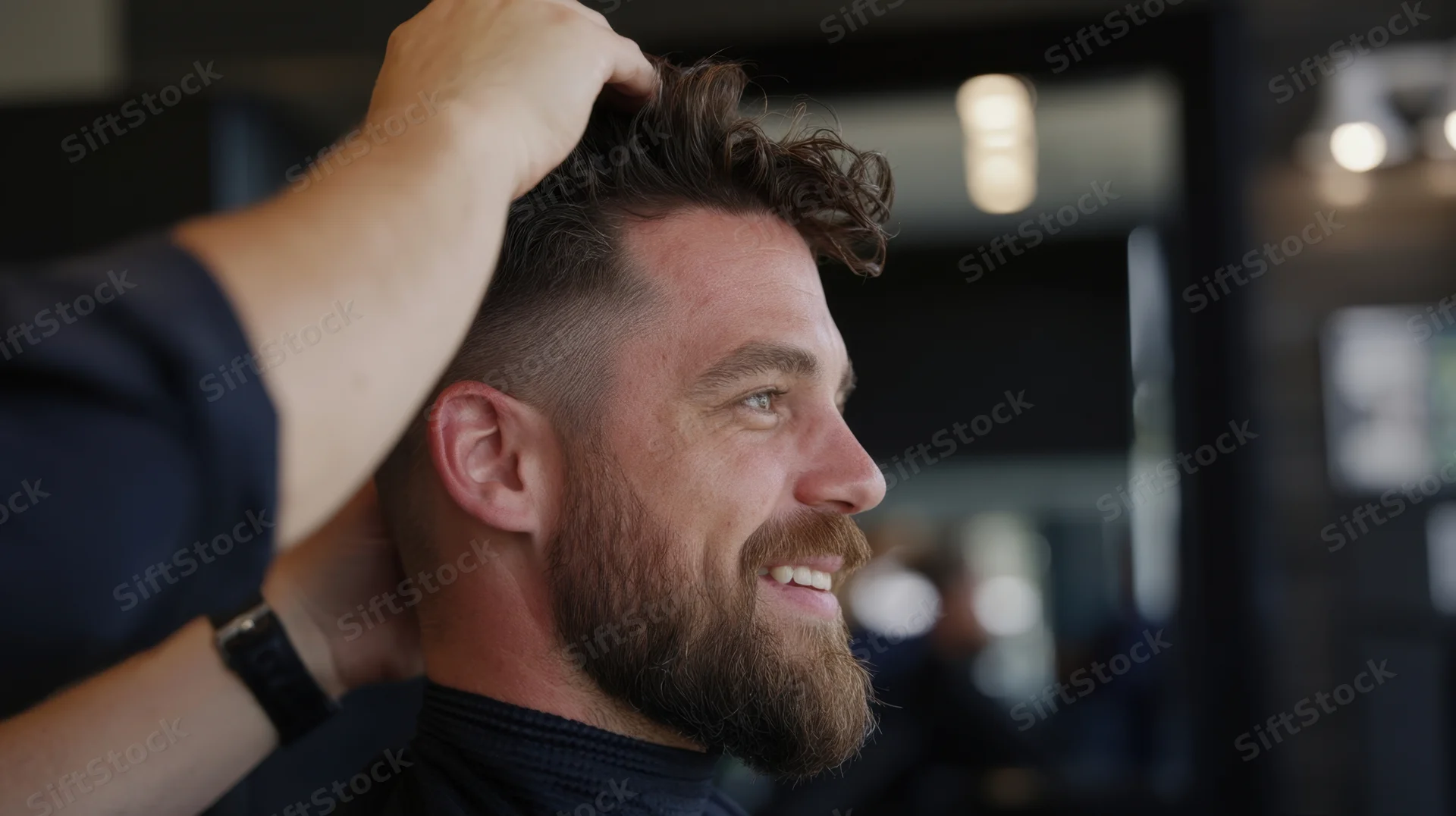 Man receiving haircut in barbershop with beard and smiling side profile