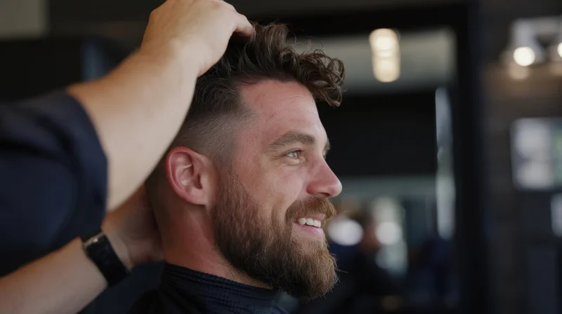 Man receiving haircut in barbershop with beard and smiling side profile