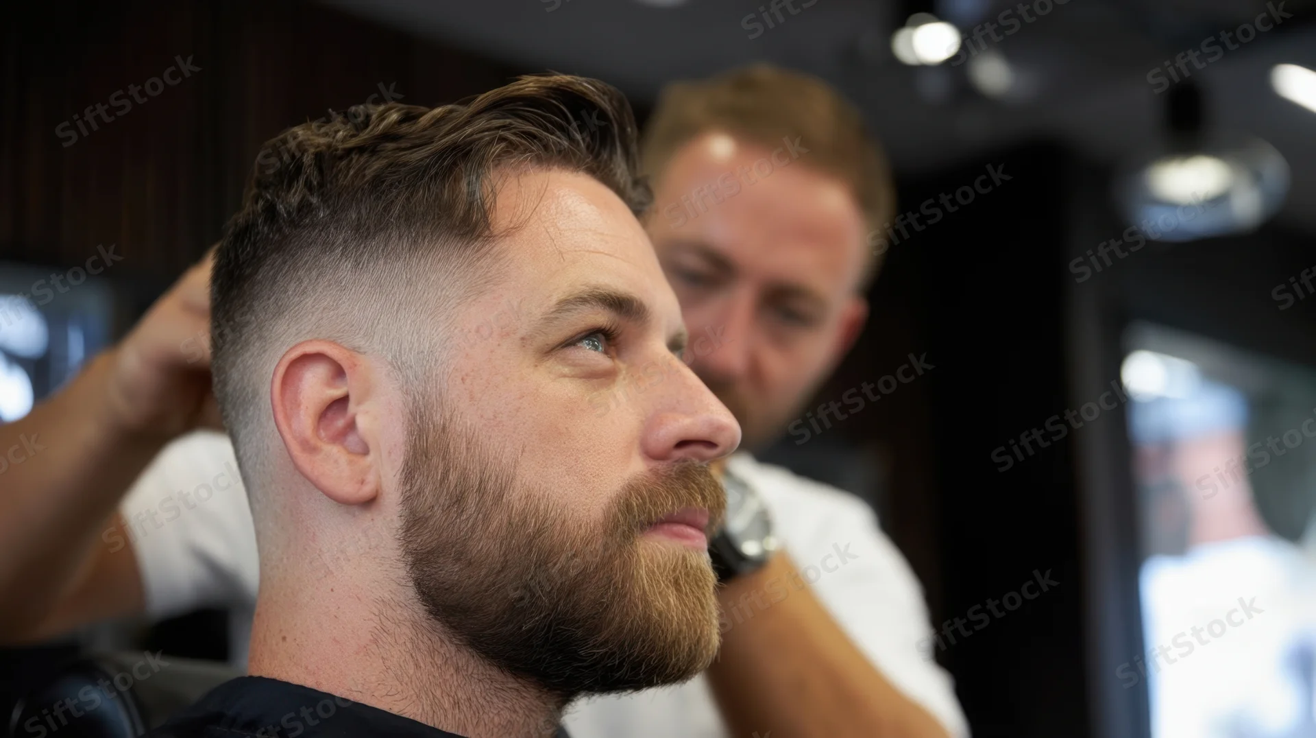 Man receiving haircut from barber in barbershop interior