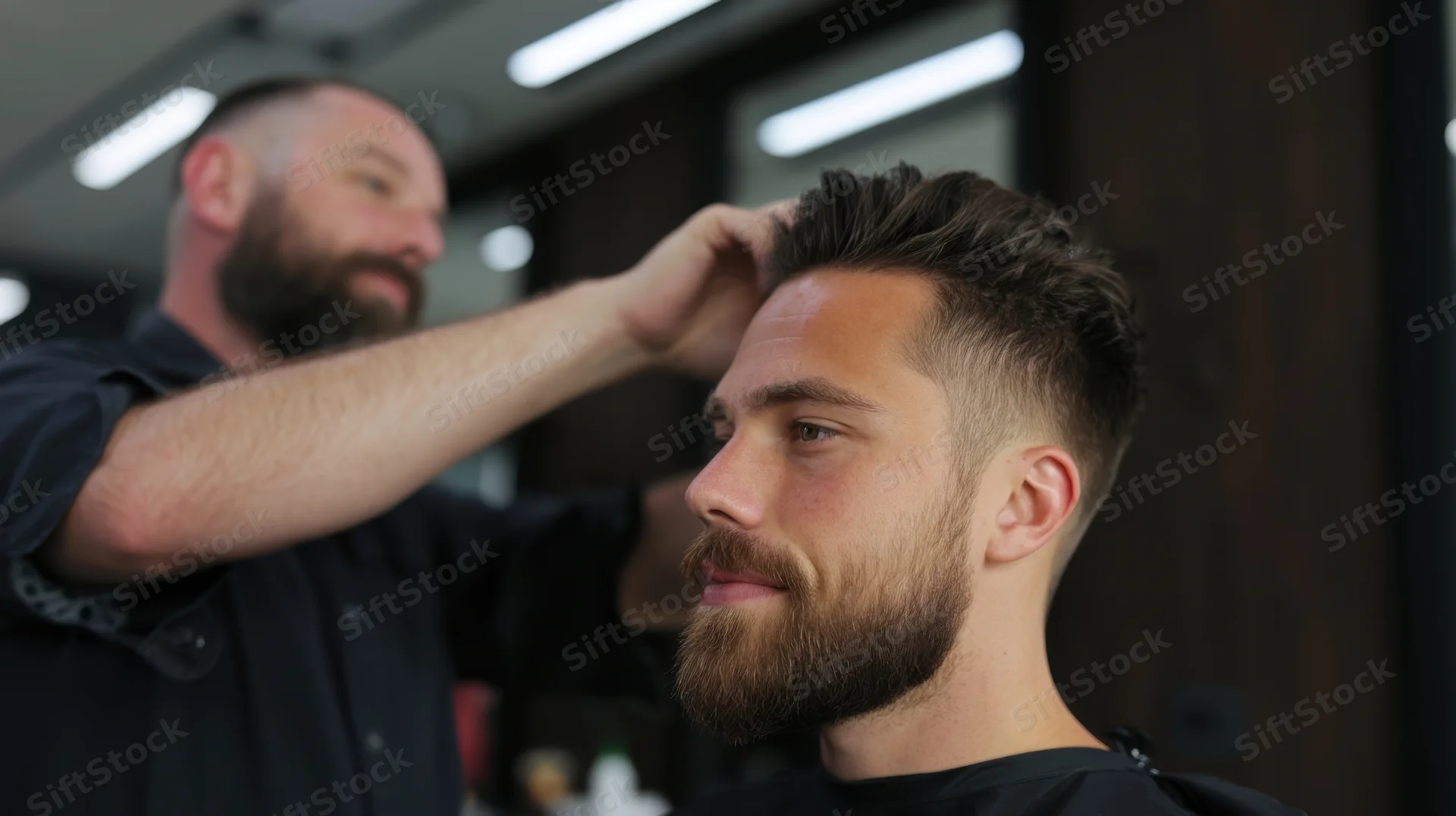 Barber styling a man's hair in a modern barbershop interior