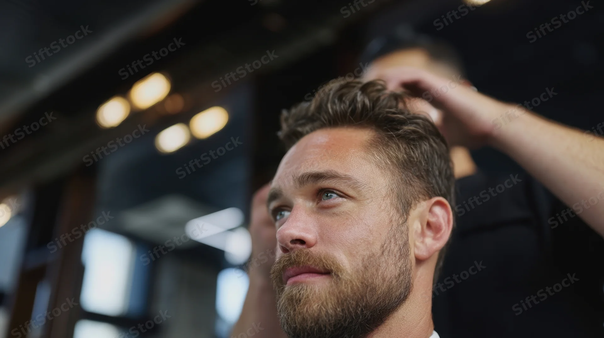 Man receiving haircut from barber in modern barbershop interior