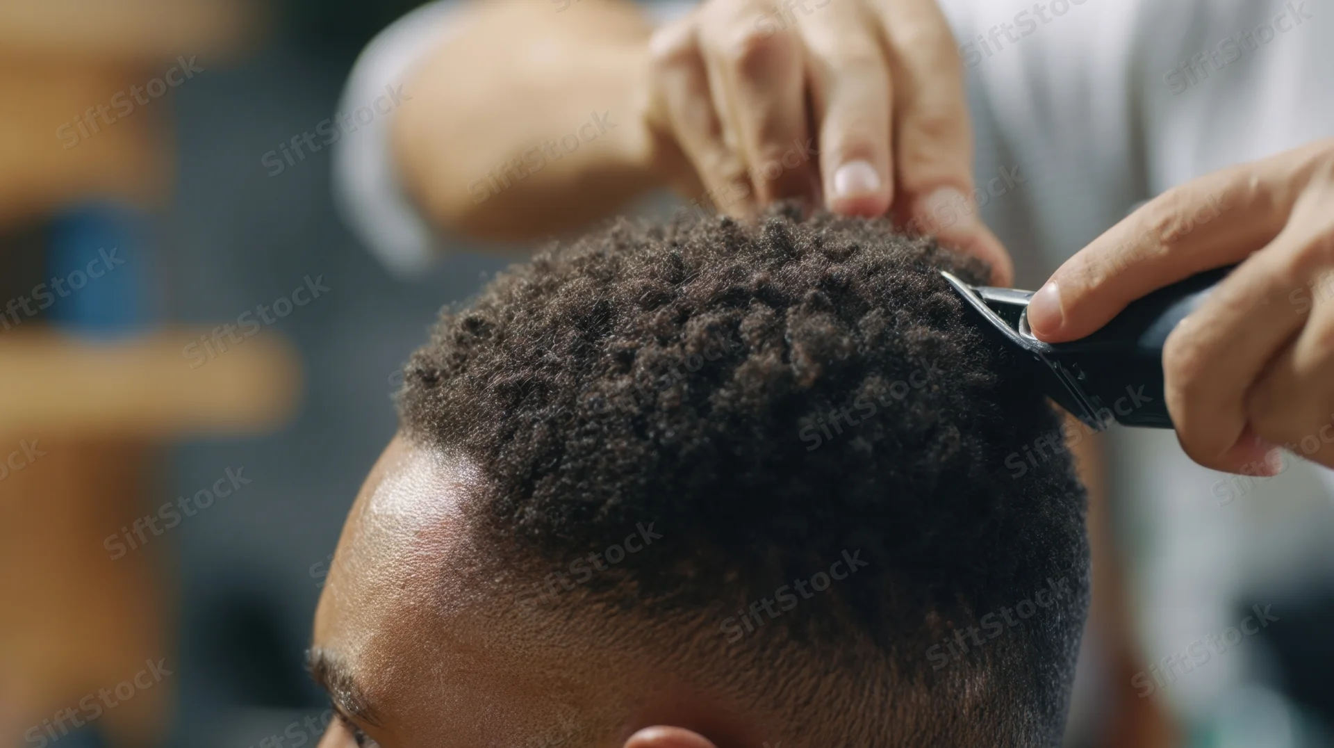 Barber trimming afro hair on a man's head in a salon
