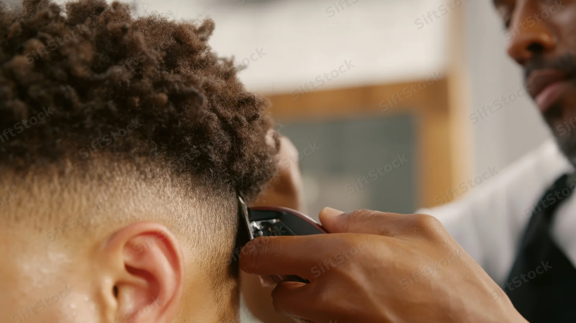 Barber trimming a man's hair with electric clippers in a barbershop