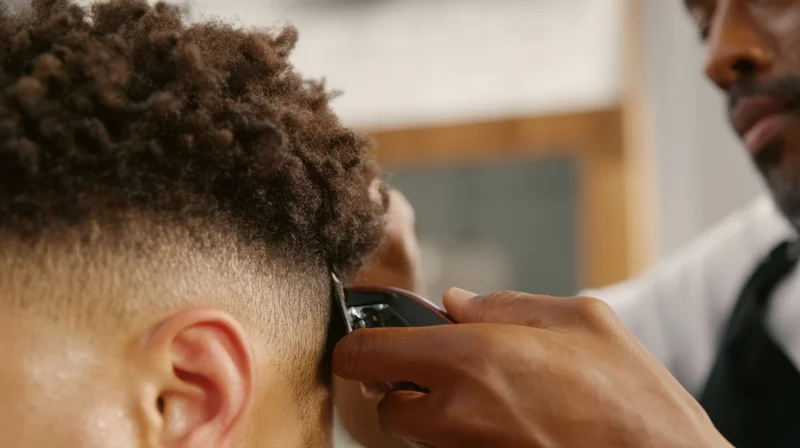 Barber trimming a man's hair with electric clippers in a barbershop