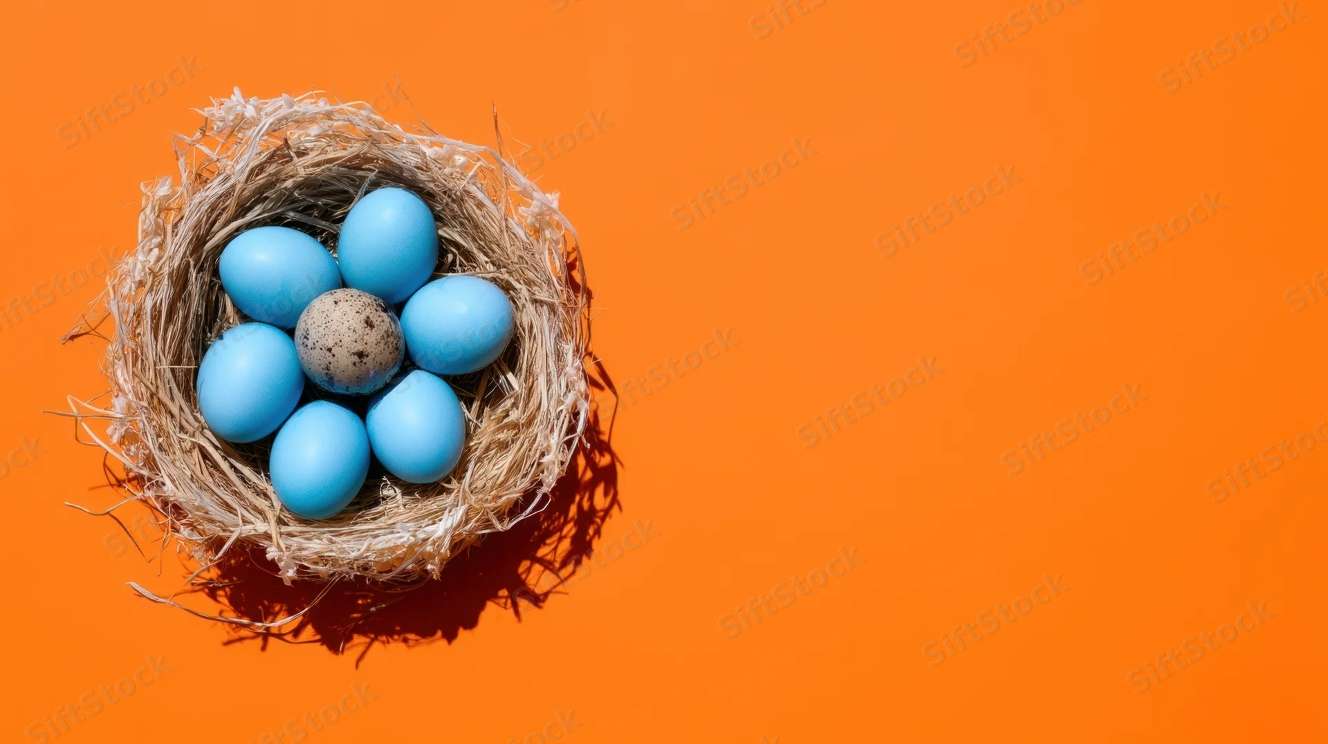 Bird nest with blue eggs and one speckled egg on orange background